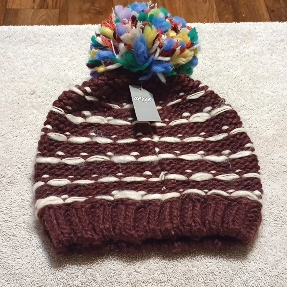 Aerie Kids' Brown and White Striped Beanie with Colorful Pom-Pom